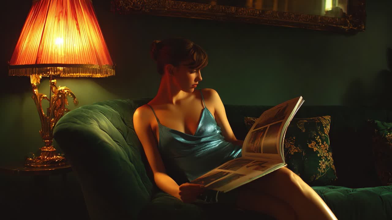 A Relaxed Evening: A Young Woman in a Blue Dress Reading a Magazine on a Luxurious Couch with a Vintage Lamp Glowing Softly in a Dark Green Room Setting, Capturing a Moment of Serenity and Intrigue
