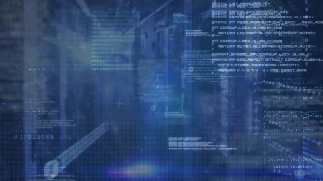 animación de puntos de luz azul y procesamiento de datos contra una sala de servidores de computadora vacía