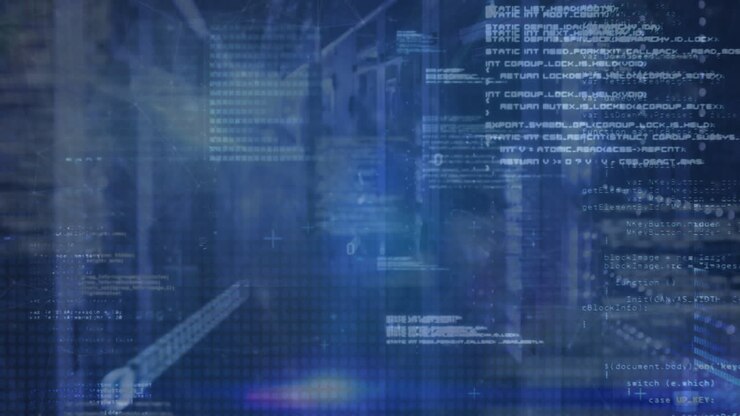 Animation of blue light spots and data processing against empty computer server room