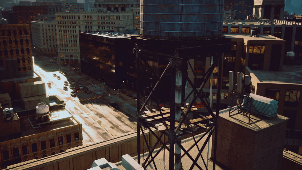Sunset skyline with a water tower highlights urban architecture