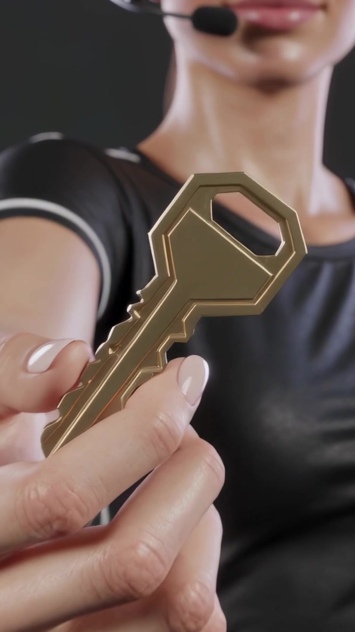 Video verticale: Toccando una catena, una donna con cuffie e maglietta con logo a V tiene una chiave d'oro in un set che emana una luce scintillante.