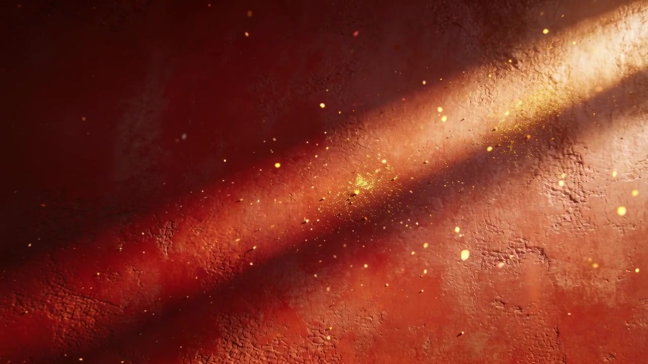 Shifting diagonal light from upper-right moving dust across red wall in room, forming golden line