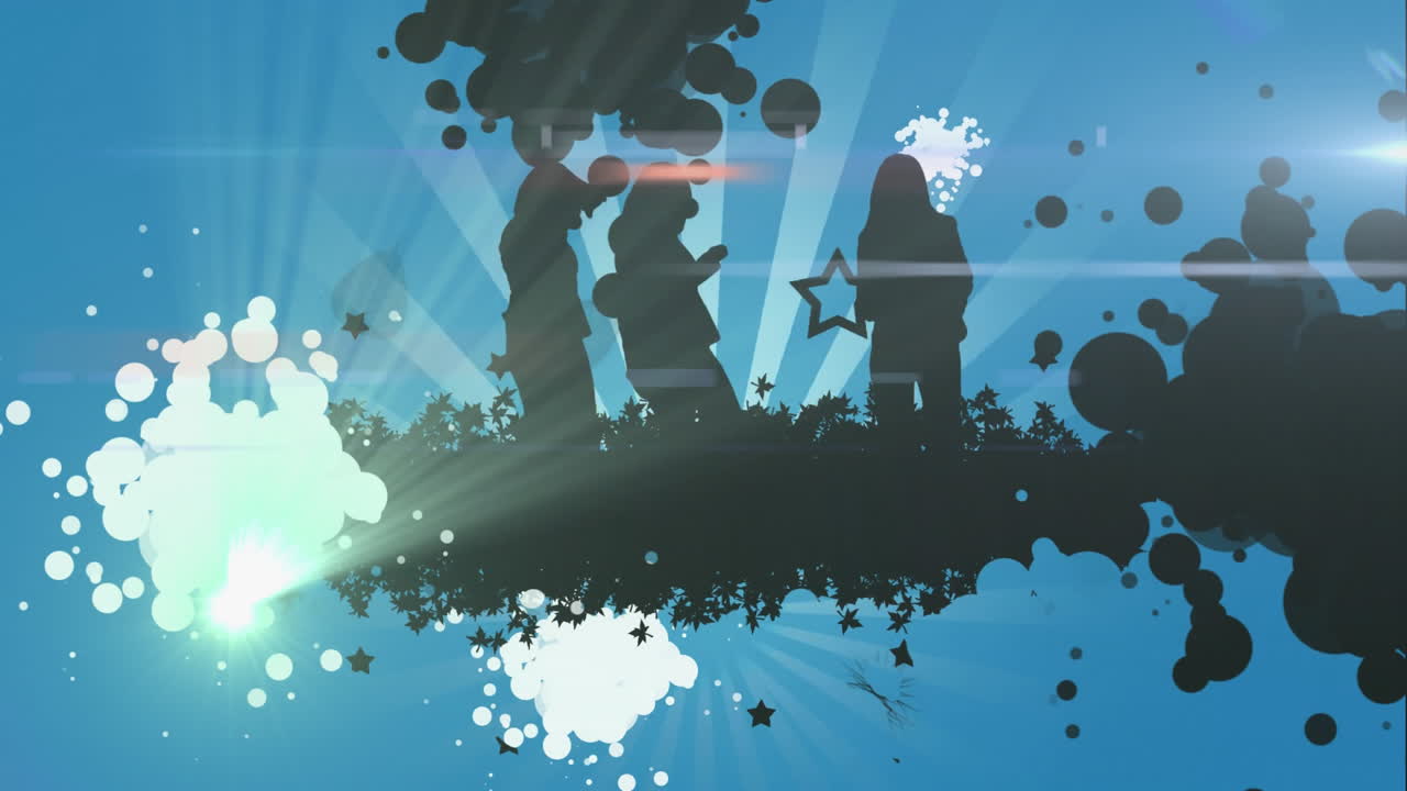 파란색 배경 에 춤추는 사람 들 의 실루 ⁇  을 가진 파티 에서 다채로운 스포트라이트 의 애니메이션