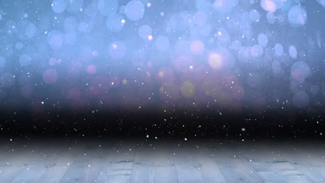 animation of snow falling over spots of light with copy space and wooden boards