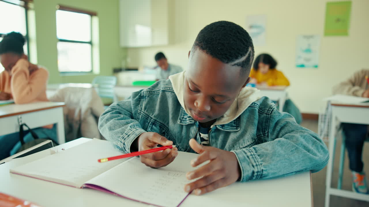 A young student is writing in a classroom