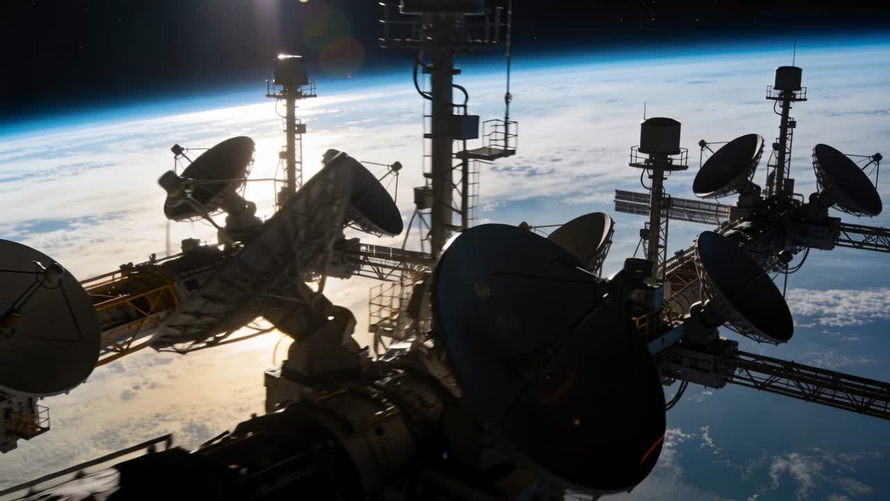 La telecamera inizia un sorvolo, un modulo di comunicazione orbitale si muove sopra la Terra per osservazione, mostrando antenne rotanti.