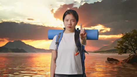 woman rejecting something during sunset by a lake