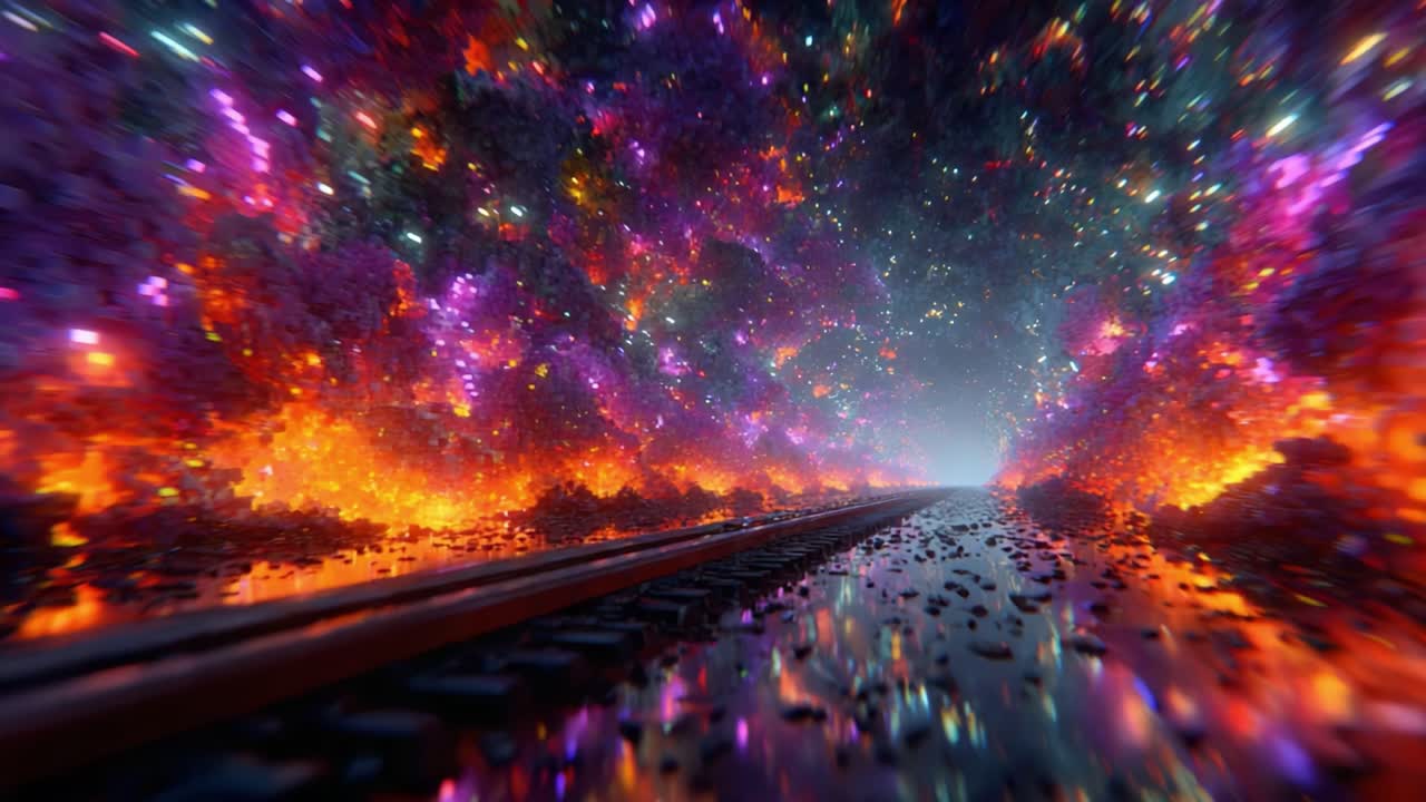 A mesmerizing journey through an enchanting tunnel of colors and light, where vibrant cosmic elements illuminate a surreal pathway along the railway track