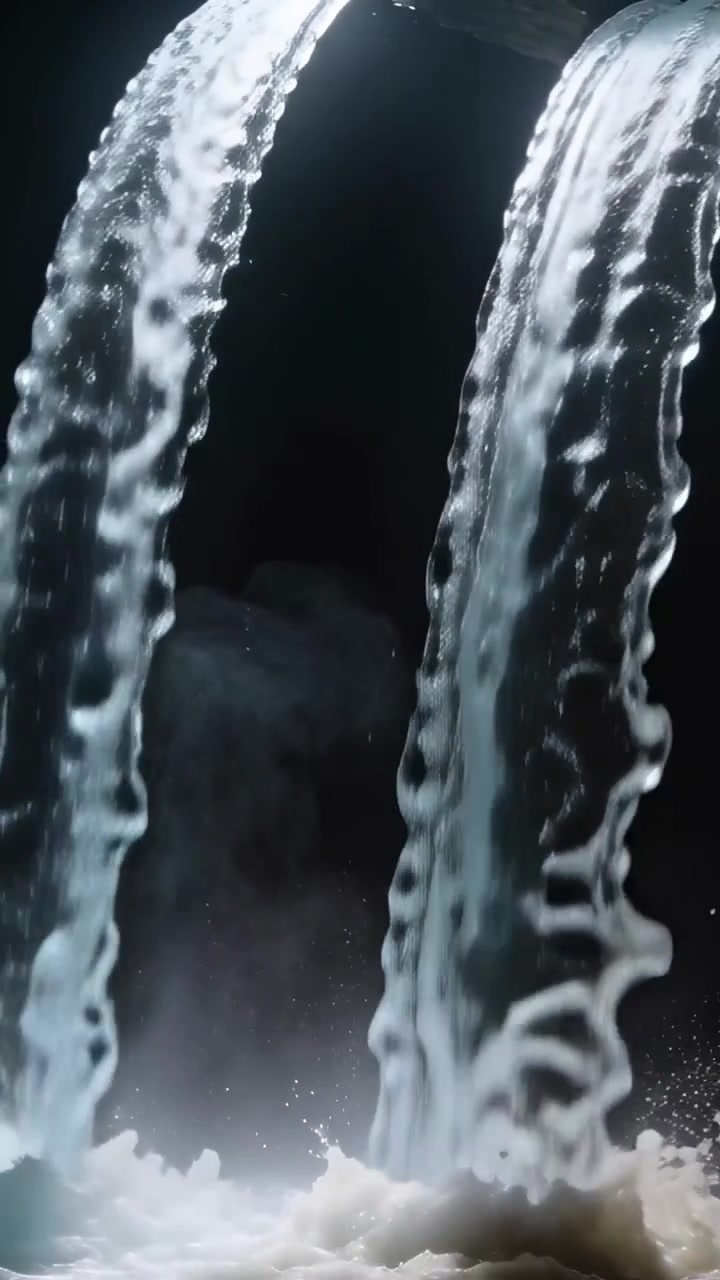 Video verticale: Due colonne d'acqua che scorrono e cadono dal bordo in una piscina in studio, creando schiuma.