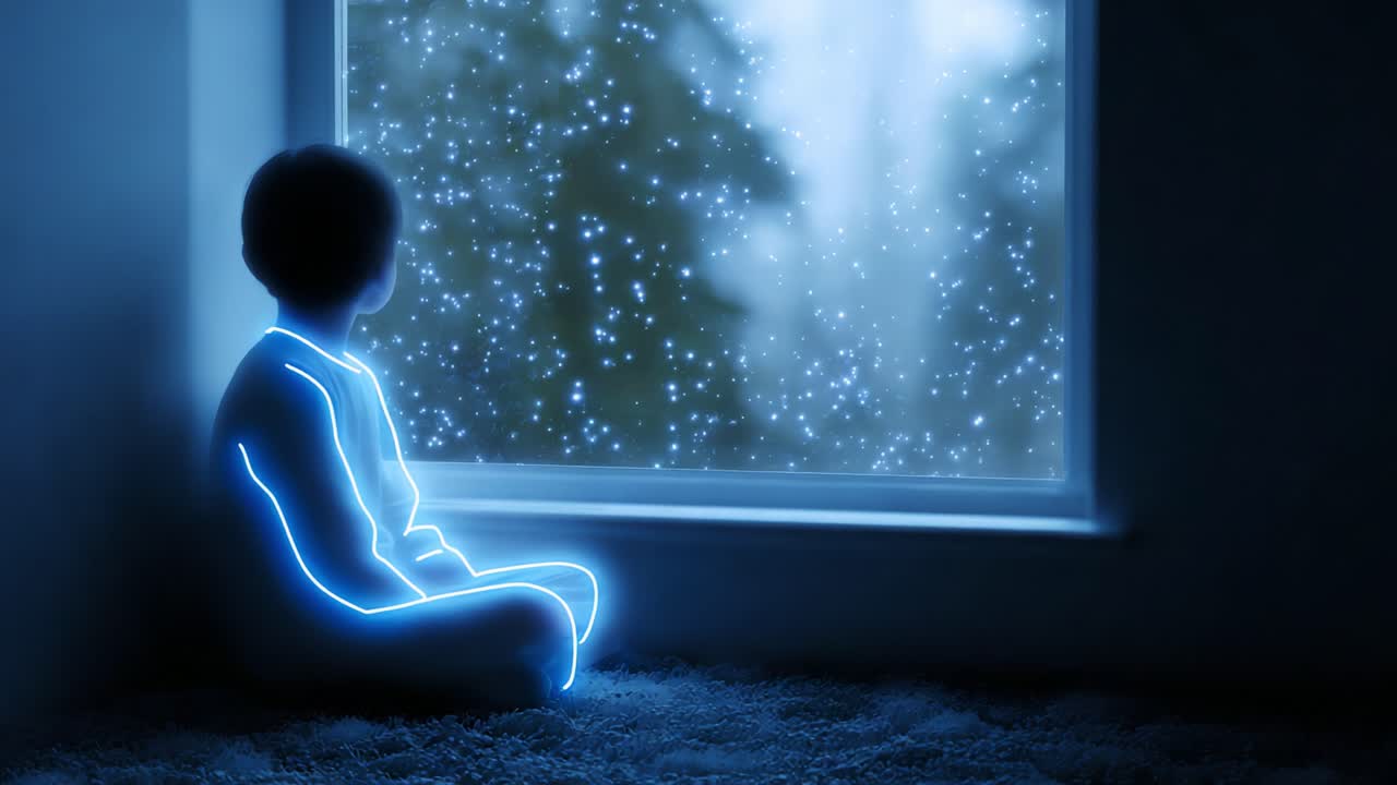 A contemplative child gazes out a window into a mesmerizing world where snowflakes dance in the gentle light, evoking feelings of wonder, innocence, and the beauty of winter's embrace while enjoying a quiet moment indoors