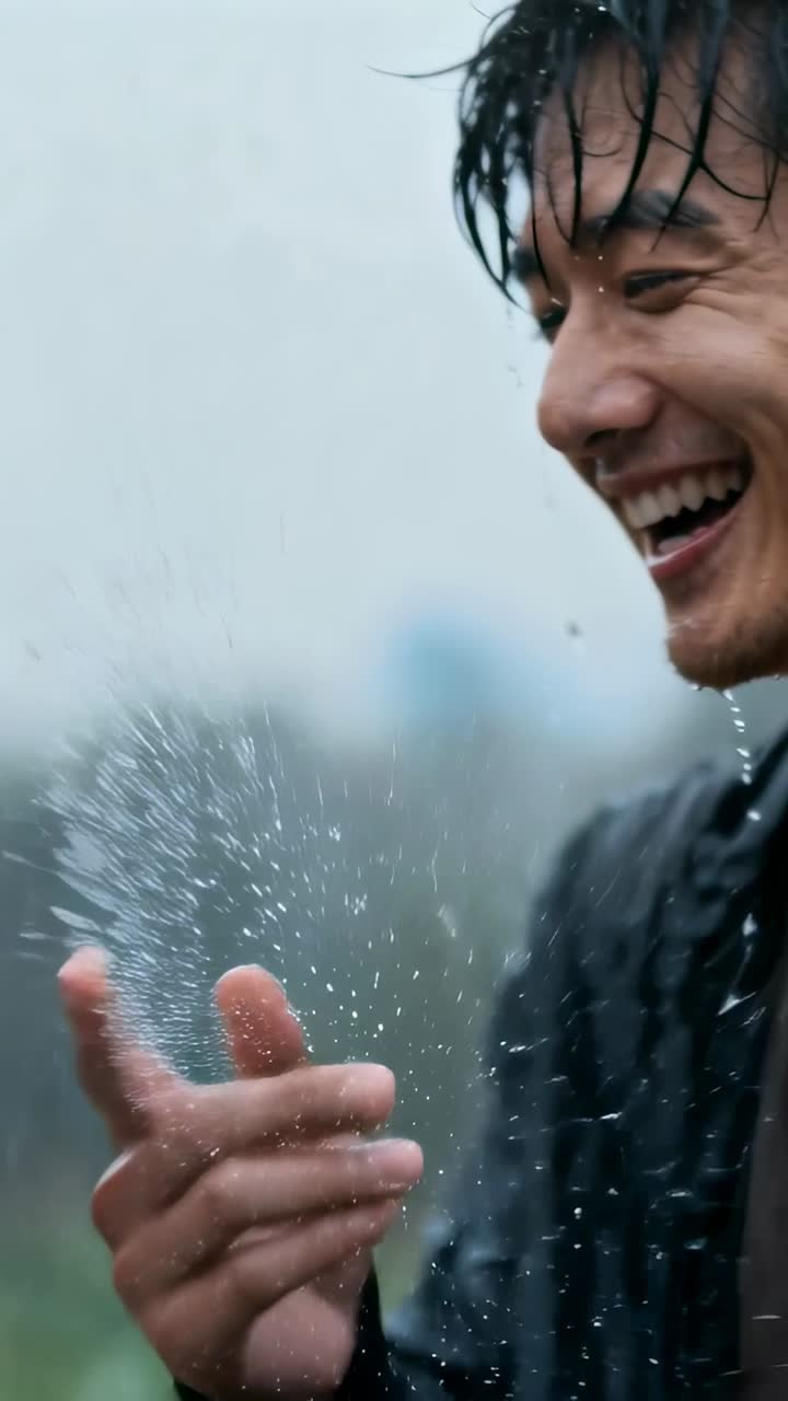 Vídeo vertical: Hombre asiático riendo con abrigo mojado recogiendo la lluvia que cae con la mano en el parque, con espacio para texto