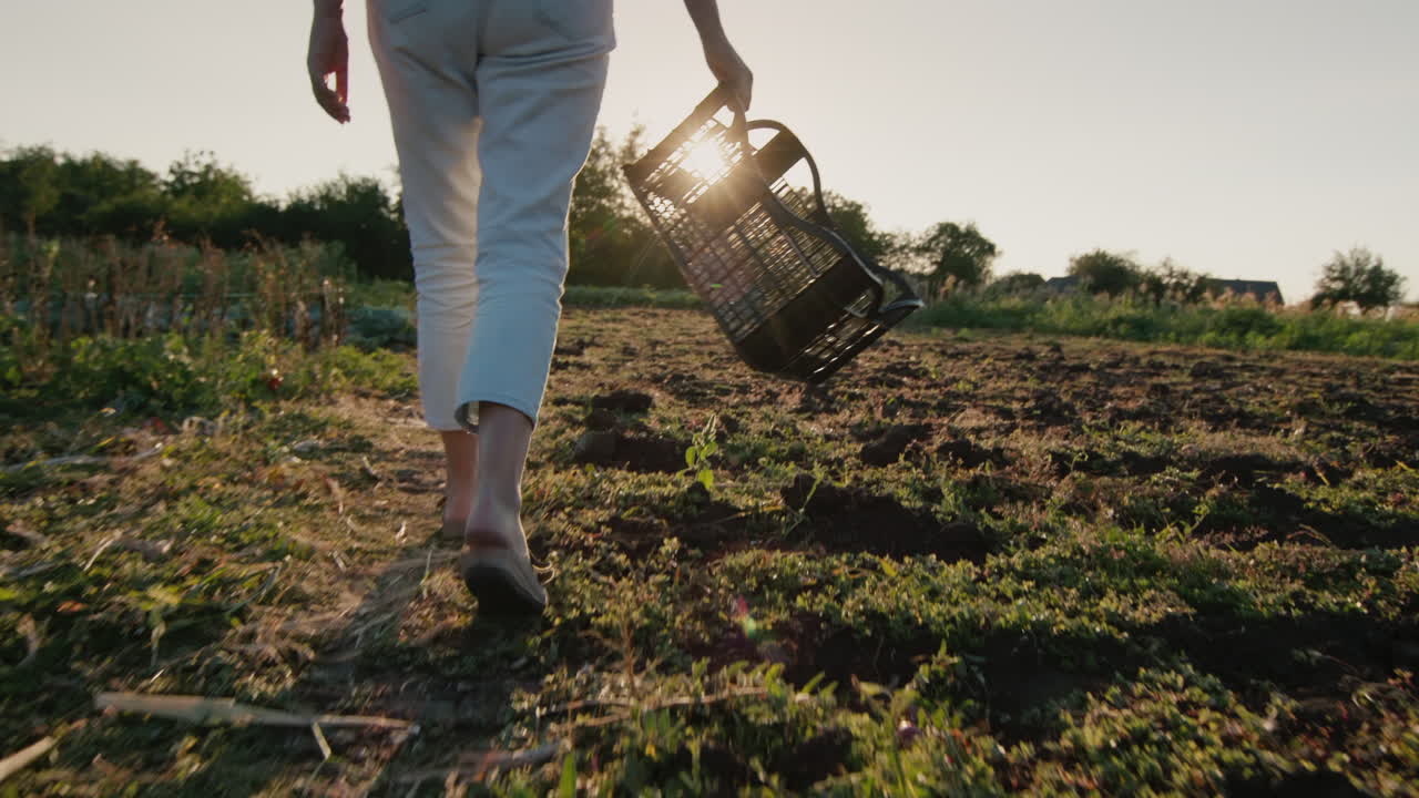 granjero con dos cajas camina por el campo