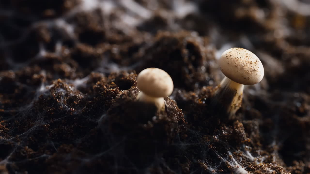 Mycelium Growth and Emerging Mushroom Macro Close-up