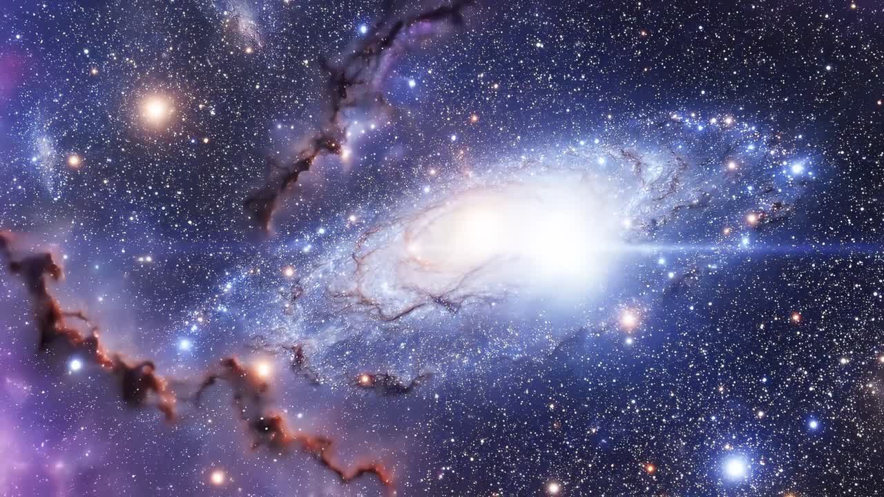 Stunning top-down video view of a vibrant galaxy with swirling stars and colorful nebulae