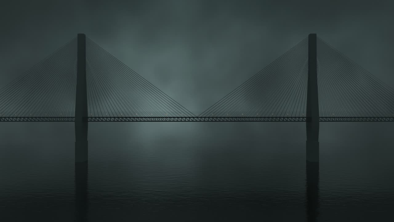 puente colgante en la noche brumosa, renderización en 3d.