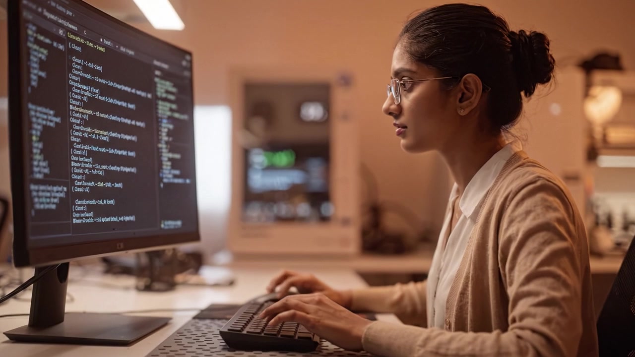 Focused Female Programmer Working on Code in Modern Office Environment, Combining Technology and Skill for Software Development and Problem Solving