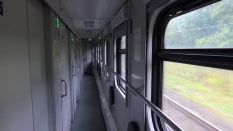 pasillo vacío dentro de un tren de los ferrocarriles ucranianos en rápido movimiento ukrzaliznycia, la naturaleza afuera, tiro de 4k