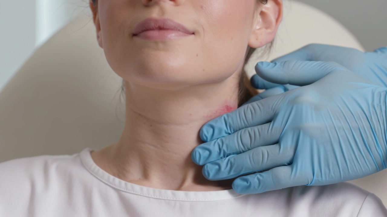 Mano con guanti blu che preme il lato destro del collo in clinica, controllando un segno rosso sul top bianco del paziente.