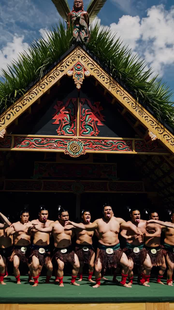 Low-angle video captures a traditional Maori haka performance, showcasing cultural attire