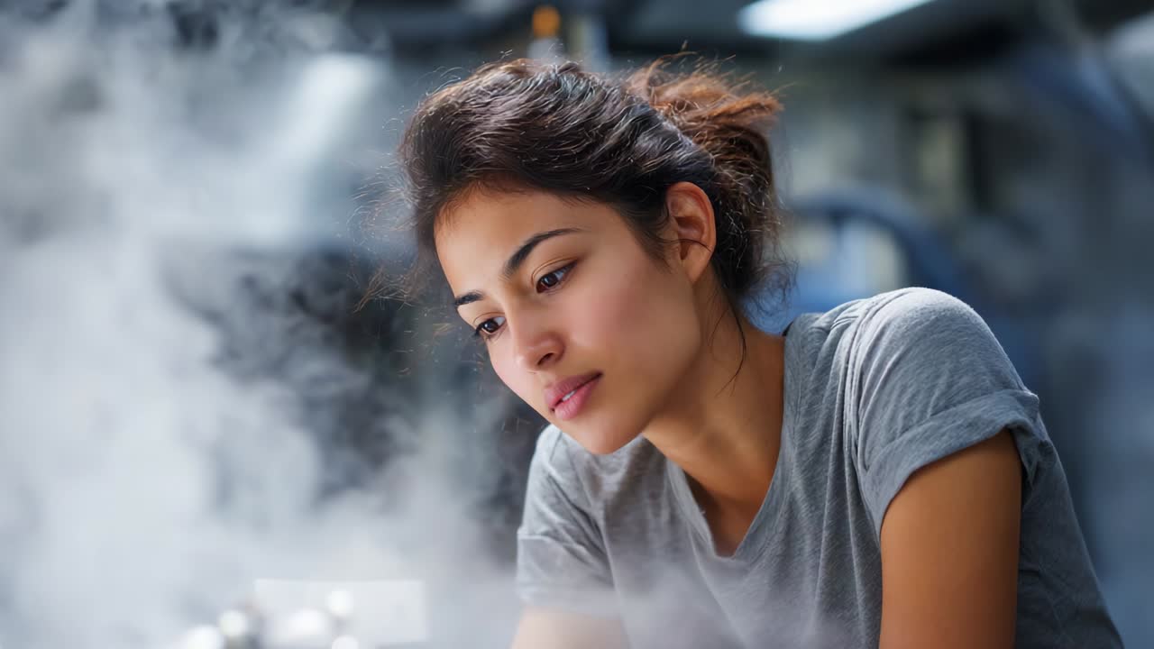 A Young Woman Deep in Thought Surrounded by Mysterious Vapor, Highlighting Her Contemplative Expression and the Ethereal Atmosphere in a Captivating Setting Full of Steam and Intrigue