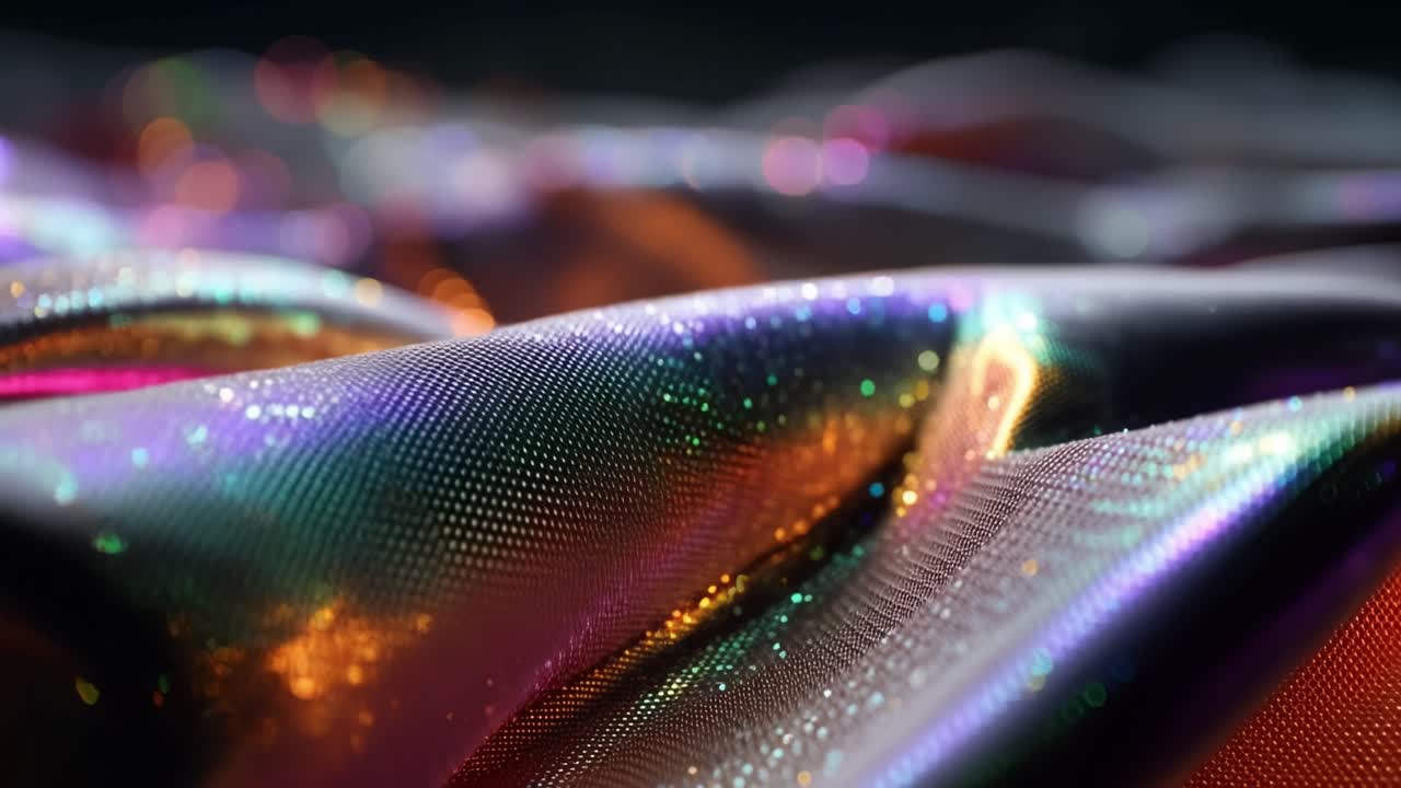 Shimmering fabric glows with iridescent hues. Soft curves ripple under gentle light. Sparkles dance across textured surface. Bokeh lights enhance dreamy, magical feel. Perfect for fantasy, luxury