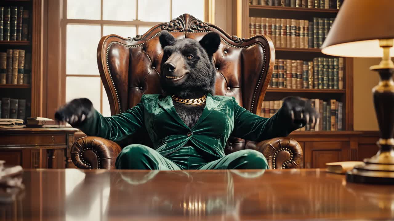 Bear in a suit sitting in an office chair