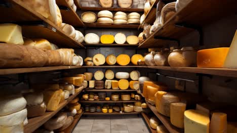 a shelf filled with lots of different types of cheese