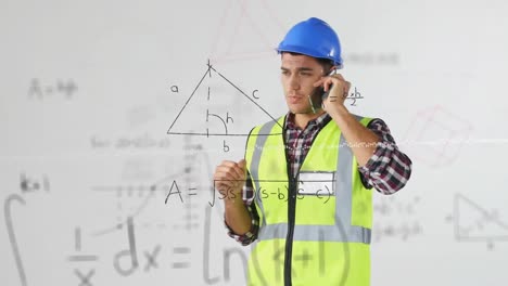 animation of mathematical equations over caucasian male worker talking on smartphone