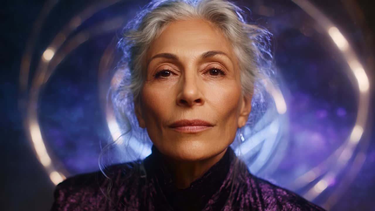 An Inspiring Portrait of a Graceful Elderly Woman Surrounded by Ethereal Light, Capturing Her Strength, Wisdom, and Poise with a Vibrant and Enigmatic Background That Evokes Tranquility and Depth