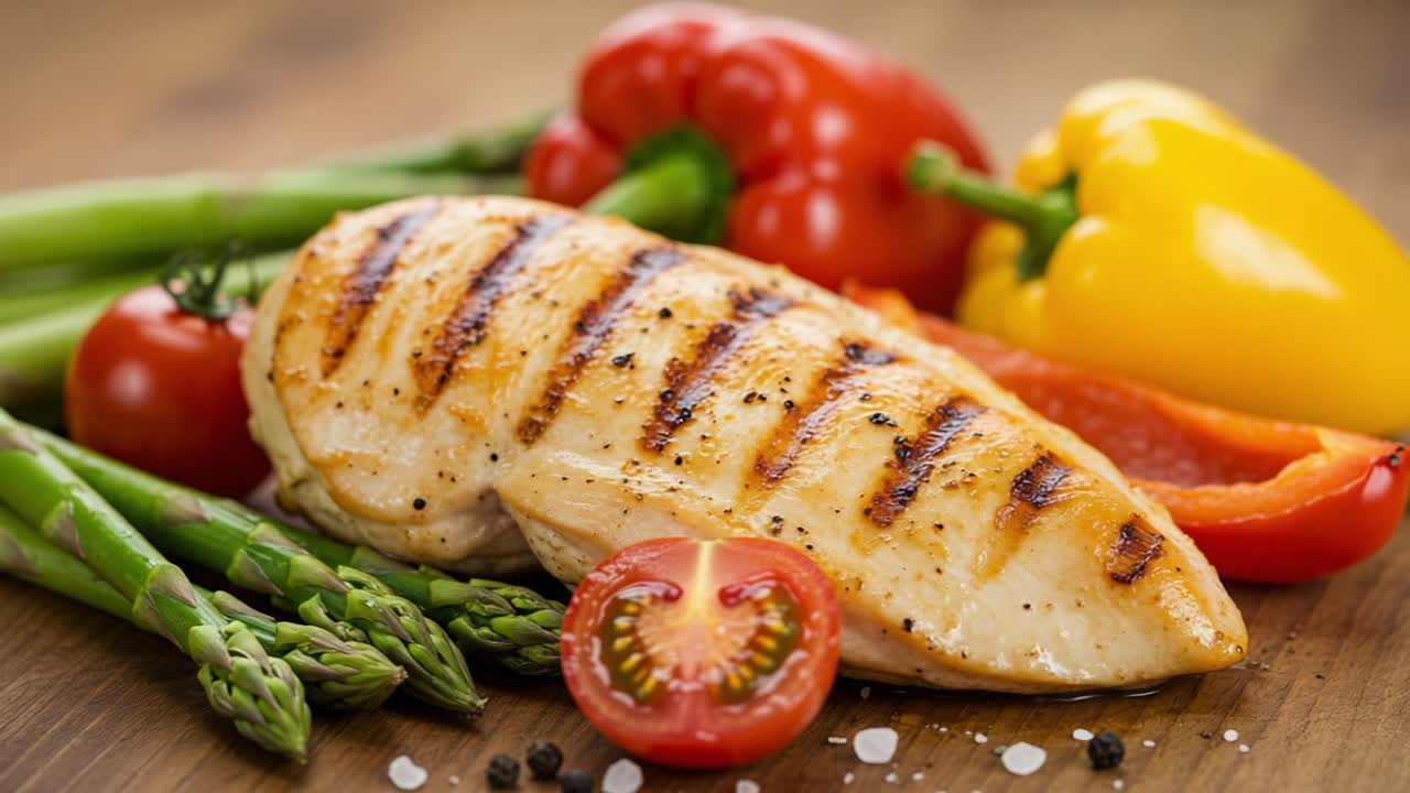 Delicious Grilled Chicken Breast Surrounded by Fresh Vegetables, Showcasing a Healthy Meal with Colorful Bell Peppers, Tomatoes, and Asparagus on a Wooden Table