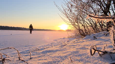 static ground view of explorer walking in frozen landscape at sunset