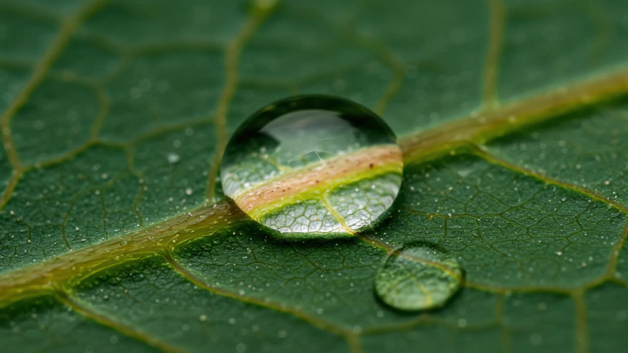 Macro Photography of Water Droplets on a Leaf, Showcasing Intricate Patterns and Natural Beauty in Close-up Detail