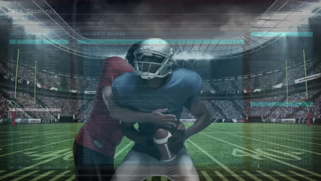 football players executing tackle in stadium, streaming sports analytics ui overlays across field
