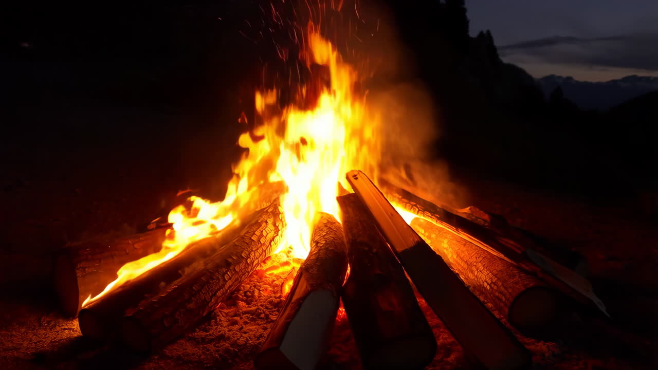 Bright Campfire Burning at Night