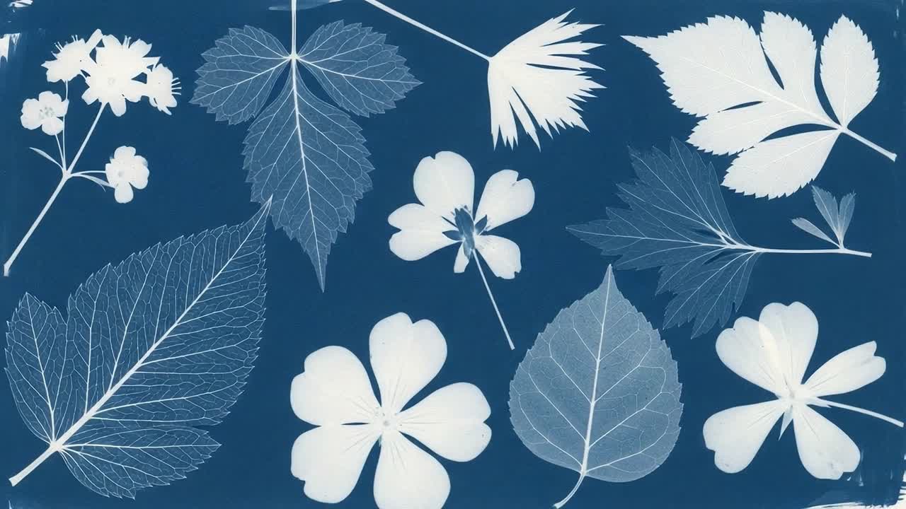 En vakker samling botaniske trykk som viser delikate blader og blomster i en unik cyanotypi-stil, og fanger naturens intrikate design.