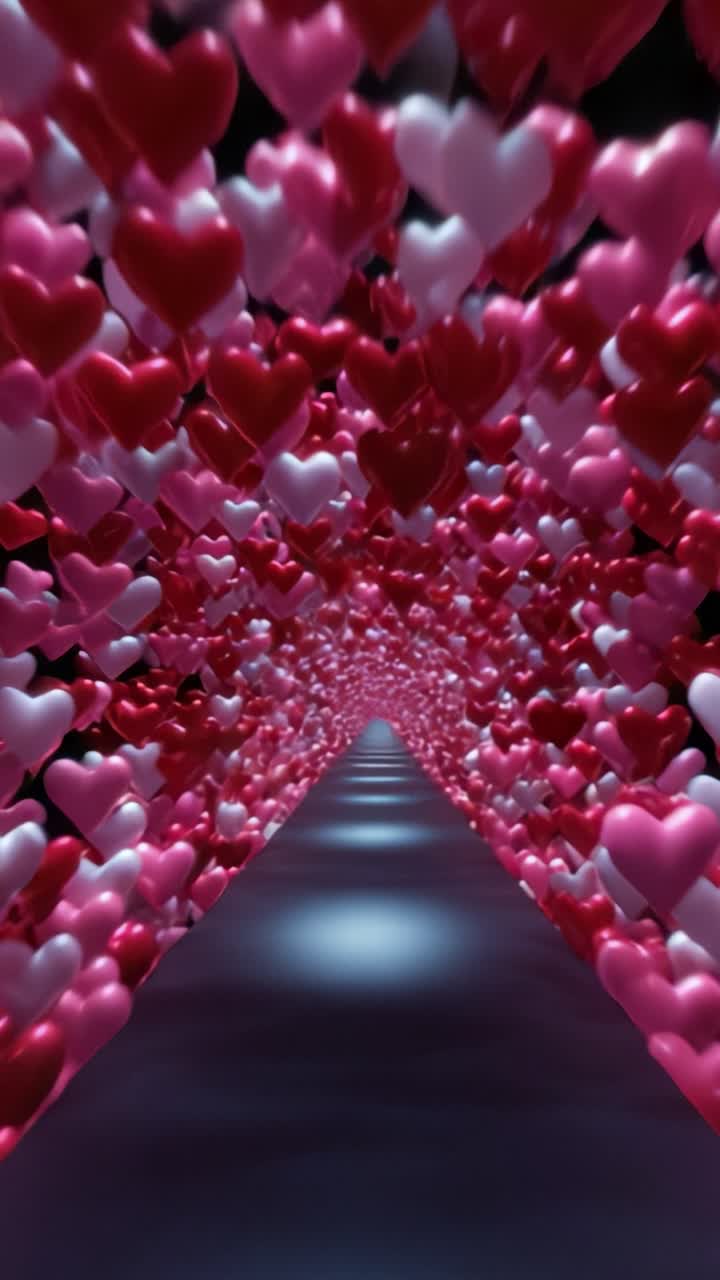 Un tunnel affascinante pieno di vivaci palloncini a forma di cuore rosa e rossi, che crea un'atmosfera romantica e incantevole, ideale per celebrazioni d'amore e affetto.