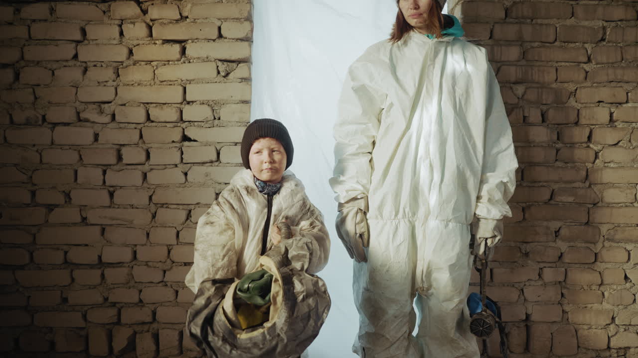 Ребенок в защитном костюме держит защитную маску обеими руками, а старшая сестра в белом комбинезоне и вязаной шапке смотрит на него сверху вниз в тусклом убежище с кирпичными стенами, освещенном мягким дневным светом