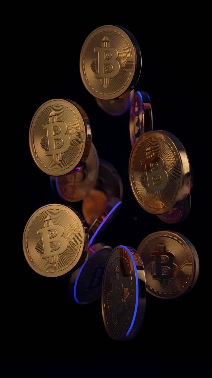 Animación de Bitcoin dorado girando sobre fondo oscuro. Cripto cinematográfico 4K
