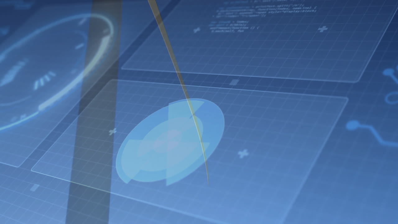 Central holographic blue data chart gliding on grid featuring floating plus icons and golden arc