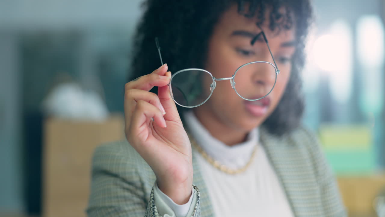 Thinking, planning and glasses with business woman