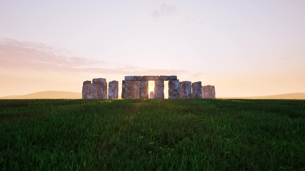 Stonehenge, an ancient megalithic stone structure, monument, on sunset, 3D animation, camera zooming in