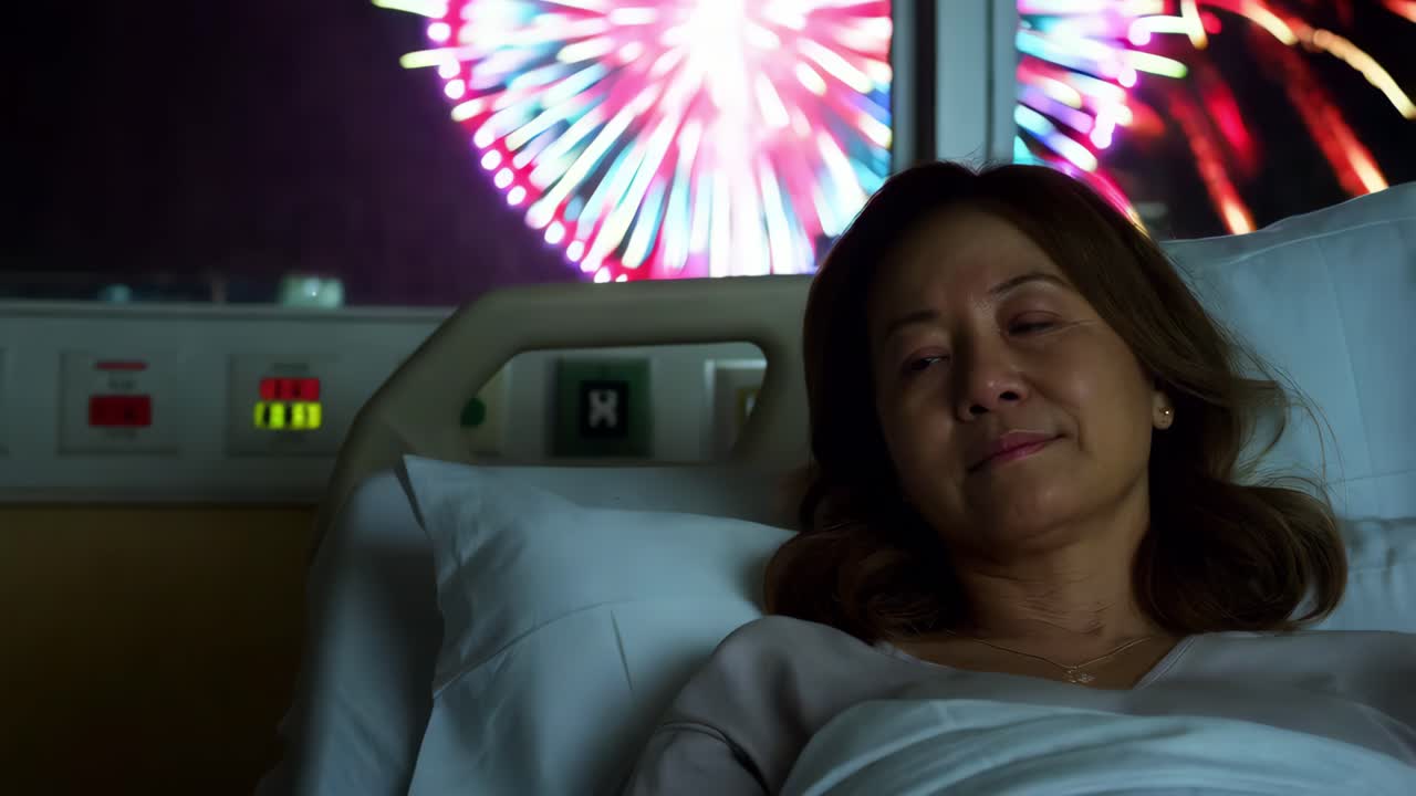 mujer en una cama de hospital con exhibición de fuegos artificiales fuera de la ventana