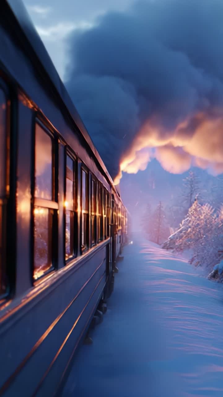 A snow-covered winter landscape comes alive as an old-fashioned steam train billows clouds of smoke, creating a magical journey through a serene scene adorned with pine trees and enchanting morning light