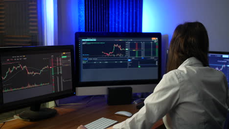 female stock market trader analyst analysing data on computer screens comparing prices on graphs