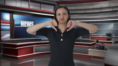 upset indian female news anchor showing thumbs down