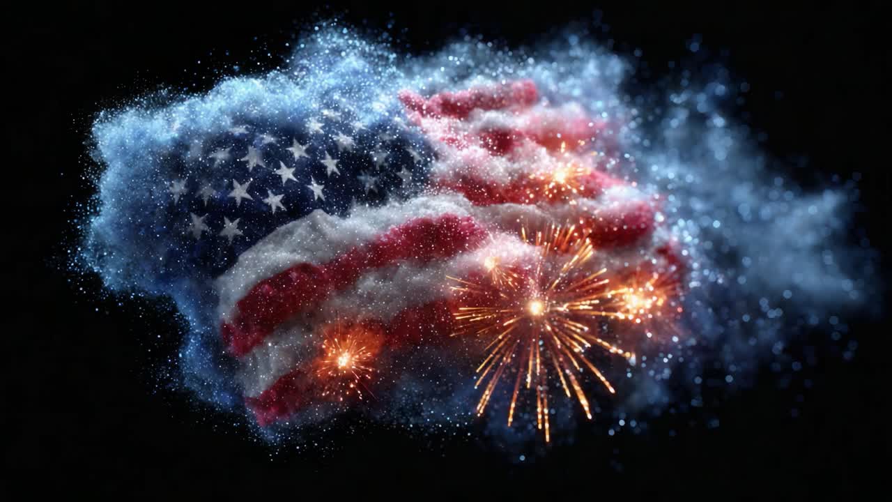 A captivating representation of celebration, featuring a vibrant display of fireworks intertwined with the textures of the American flag, creating a heartfelt homage to patriotism and unity