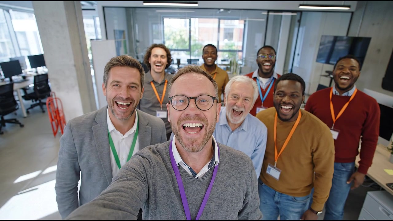 Group of professionals taking cheerful selfie and waving in modern office environment