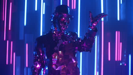 funny diamond man dancing making hand movements in neon blue purple light.