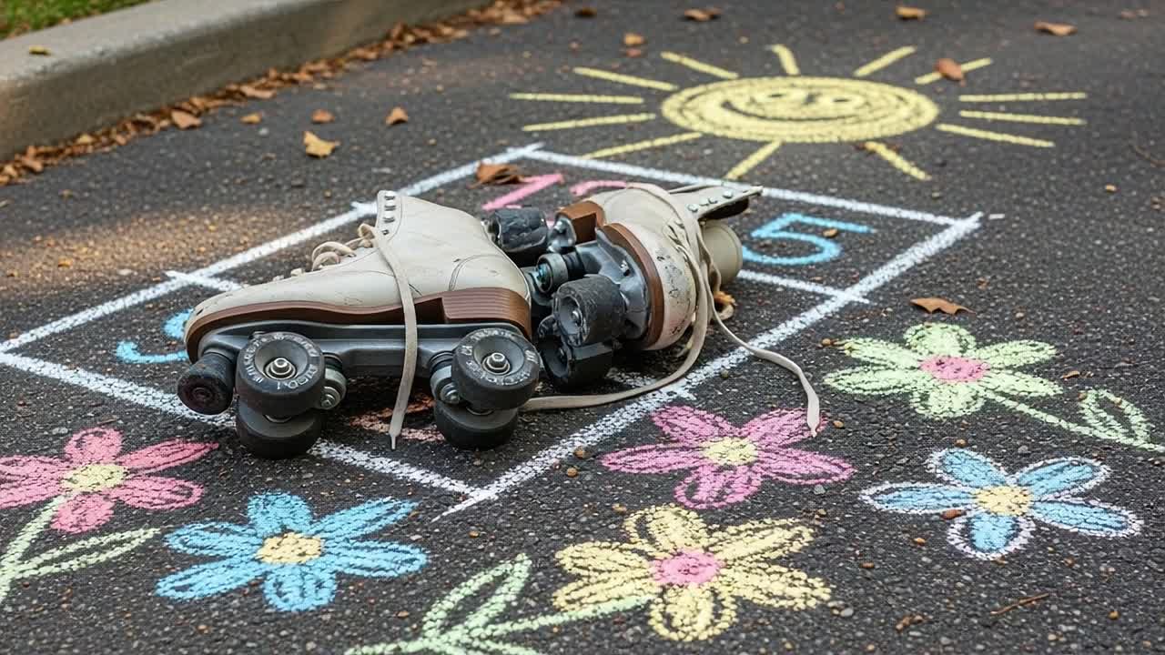 A Pair of Roller Skates Resting on a Colorfully Chalked Playground with Flower Designs and a Cheerful Sun, Capturing the Essence of Outdoor Play and Nostalgia