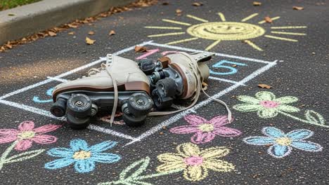 a pair of roller skates resting on a colorfully chalked playground with flower designs and a cheerful sun, capturing the essence of outdoor play and nostalgia